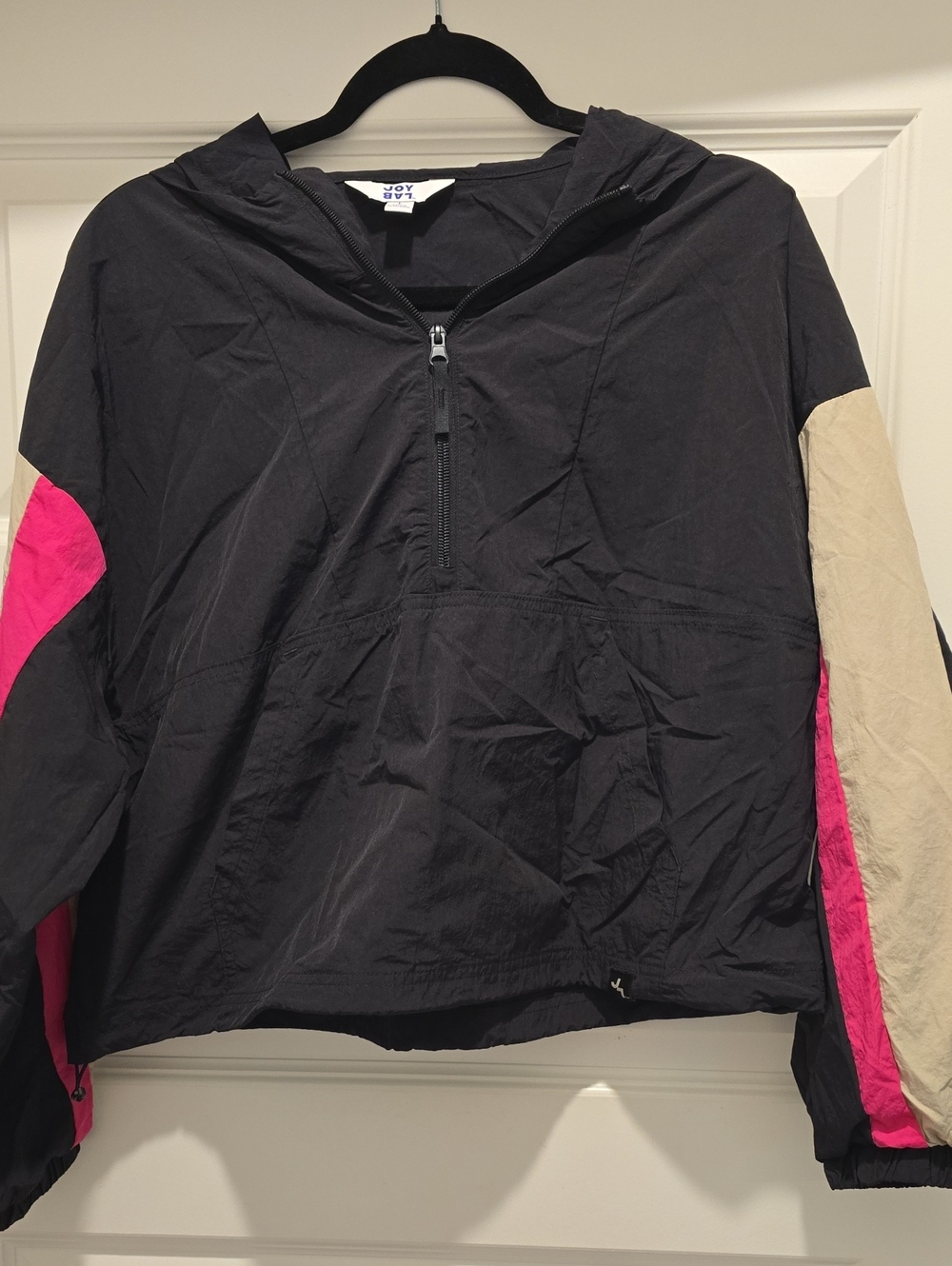 JoyLab Black Hooded Anorak with Pink & Cream Sleeve Panels Cropped